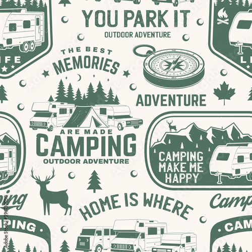 Set of outdoor adventure seamless pattern, background. Vector. Seamless camping pattern with RV Motorhome, camping trailer, compass and off-road car silhouette. Camping texture