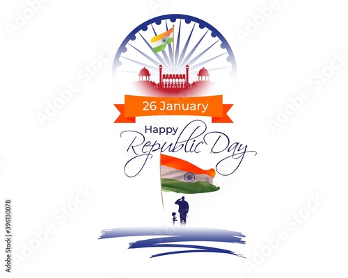 Vector banner of Happy Republic day, 26 january, national holiday of India, abstract India flag, ashoka chakra, template for website and social media.