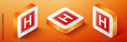 Isometric Hospital sign icon isolated on orange background. Orange square button. Vector.