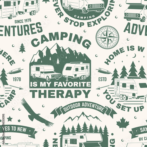 Set of outdoor adventure seamless pattern, background. Vector. Seamless camping pattern with RV Motorhome, camping trailer, compass and off-road car silhouette. Camping texture