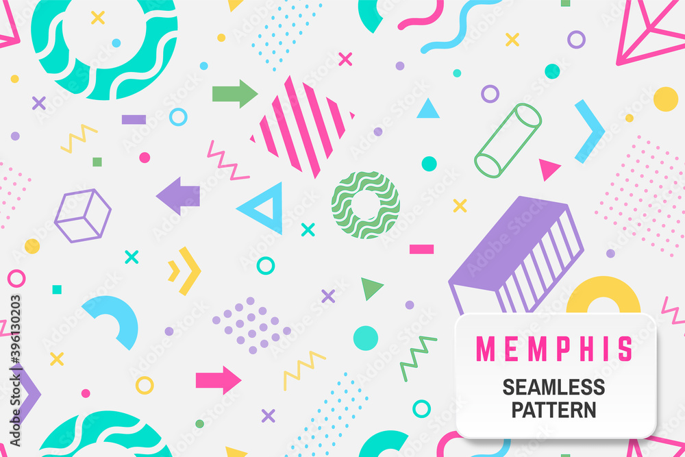 Memphis seamless pattern. Vector. Different halftone geometric shape and colorful geometric shapes seamless pattern. Memphis seamless pattern. Vector. Different halftone geometric shape and colorful geometric shapes seamless pattern.