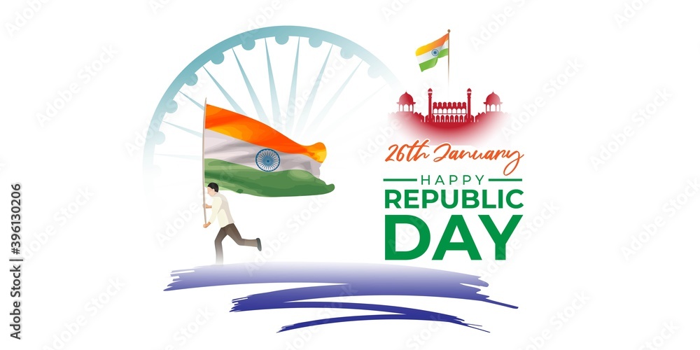 Obraz premium Vector banner of Happy Republic day, 26 january, national holiday of India, abstract India flag, ashoka chakra, template for website and social media.