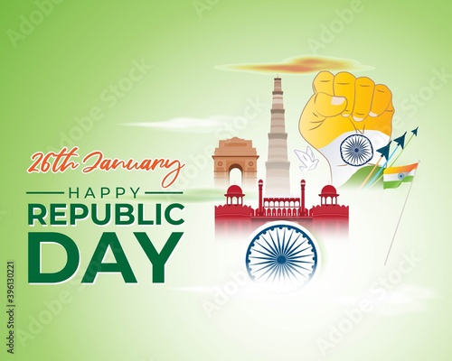 Vector banner of Happy Republic day, 26 january, national holiday of India, abstract India flag, ashoka chakra, template for website and social media.