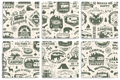 Set of summer camp seamless pattern, background. Vector. Retro typography design with rv trailer, tent, mountain, campfire, hiker and forest silhouette. For camping and hiking organizations
