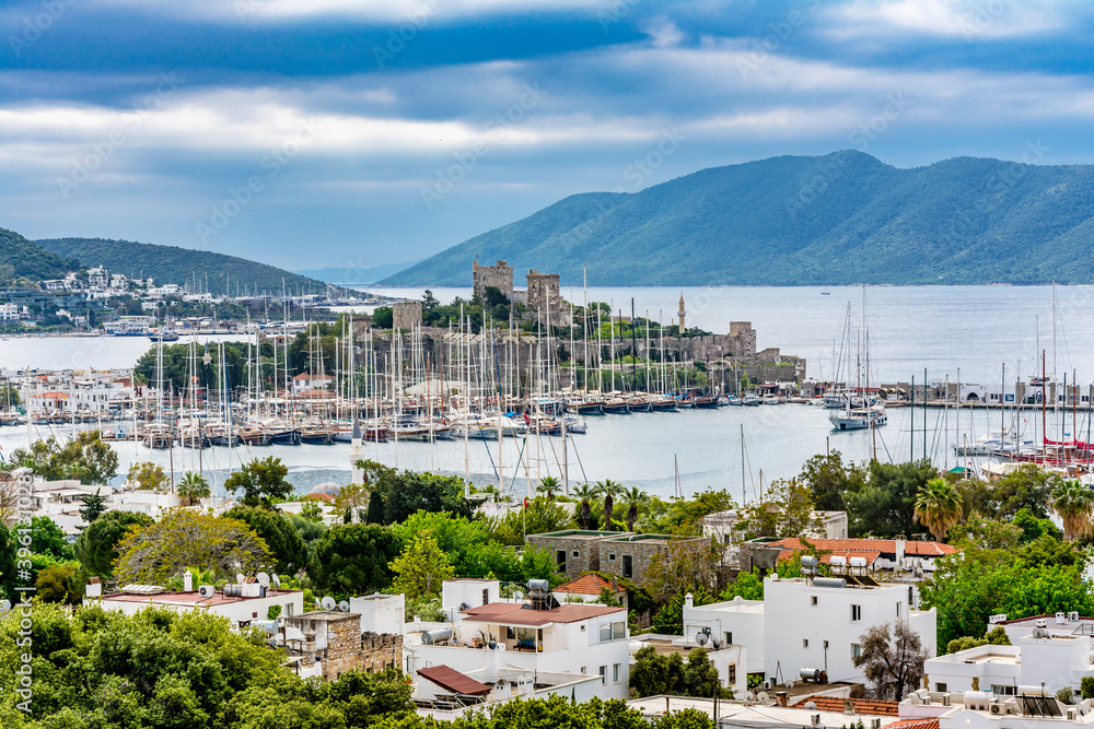 Bodrum castle and harbour view in Bodrum Town. Bodrum is populer tourist destination in the Turkey.