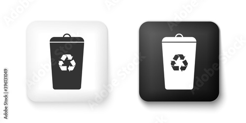 Black and white Recycle bin with recycle symbol icon isolated on white background. Trash can icon. Garbage bin sign. Recycle basket sign. Square button. Vector.