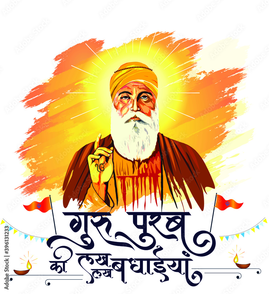 illustration of Guru Nanak Dev Ji, Gurupurab or Prakash Parv festival celebration. concept, idea background with Sikh Flag and Happy "Guru Nanak Jayanti" Hindi text Calligraphy Stock Vector | Adobe Stock