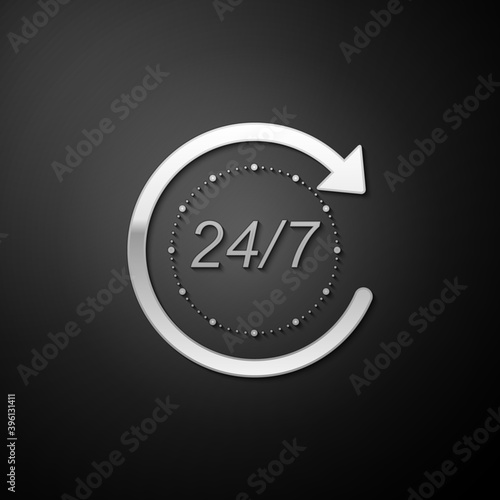 Silver Open 24 hours a day and 7 days a week icon isolated on black background. All day cyclic icon. Long shadow style. Vector.