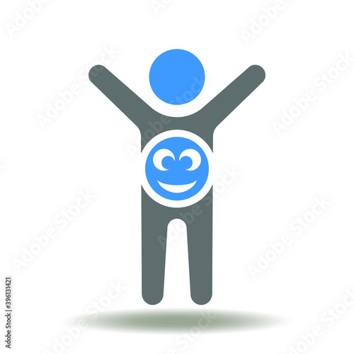 Human happy hands up and belly with smile icon vector. Stomach care symbol. Healthy digestion sign.
