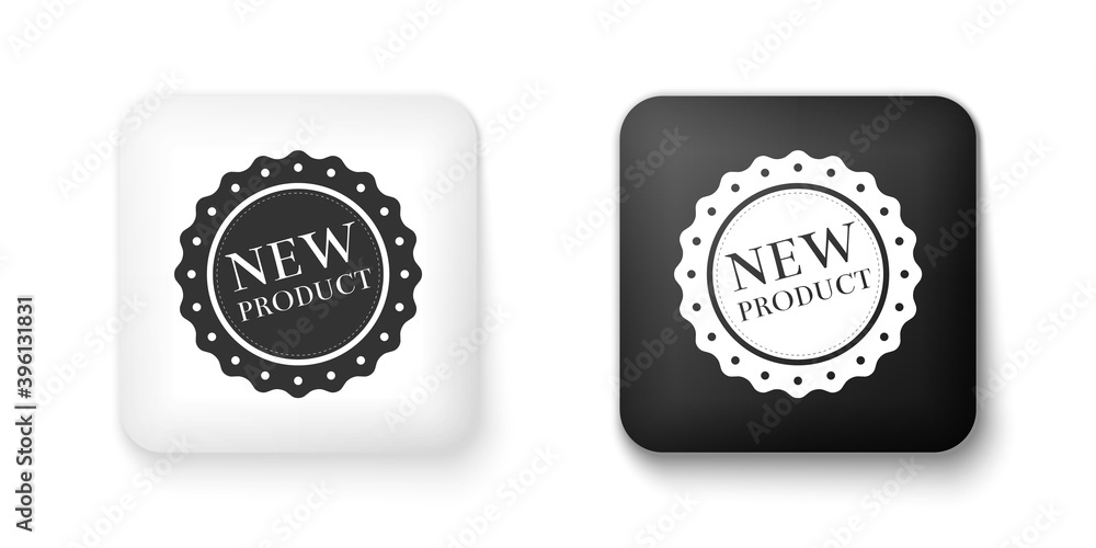 Black and white New product label, badge, seal, sticker, tag, stamp icon isolated on white background. Square button. Vector.