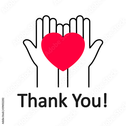 Thank You red heart on hand icon, volunteer and donation, charity logo, human hands are holding heart symbols - stock vector