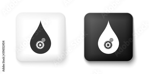 Black and white Drop with gears icon isolated on white background. Abstract concept for ecology theme, green eco energy, technology and industry. Square button. Vector.