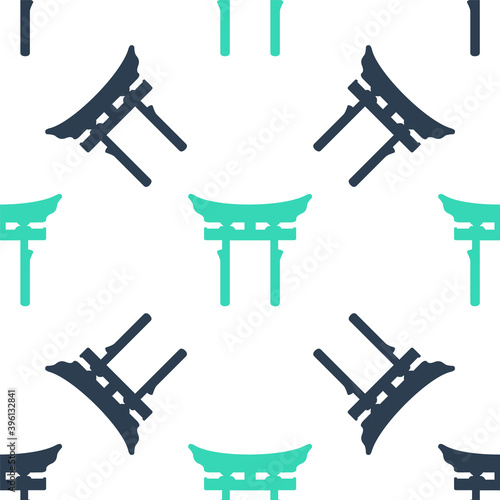 Green Japan Gate icon isolated seamless pattern on white background. Torii gate sign. Japanese traditional classic gate symbol. Vector.