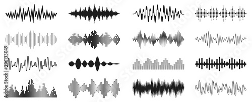 Set sound waves sign, musical sound wave collection icon, digital and analog line waveforms, electronic signal, voice recording, equalizer - stock vector photo