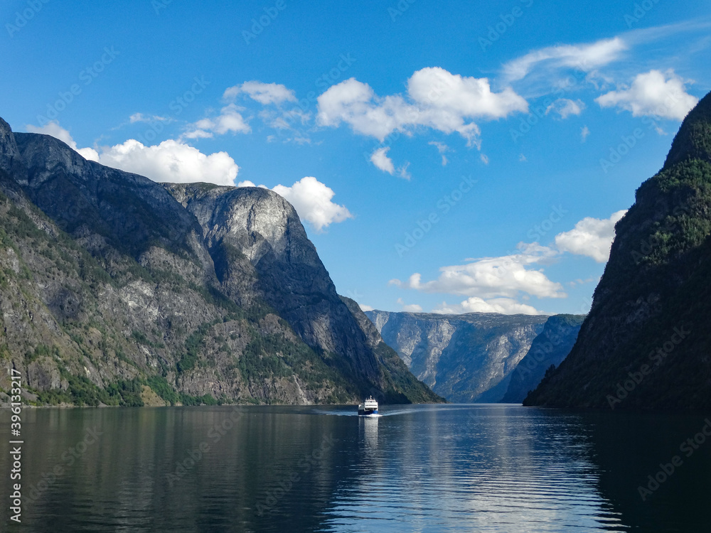 Landscape of lake and mountains, in the fjors near bergen, norway	
