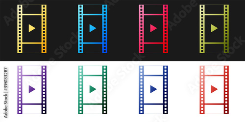 Set Play Video icon isolated on black and white background. Film strip with play sign. Vector.