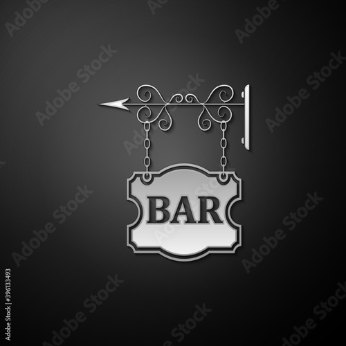 Silver Vintage signboard outdoor advertising with text Bar icon isolated on black background. Long shadow style. Vector.