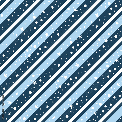 Boho childiren print seamless pattern with diagonal stripes and dots and stars on a blue background with white photo