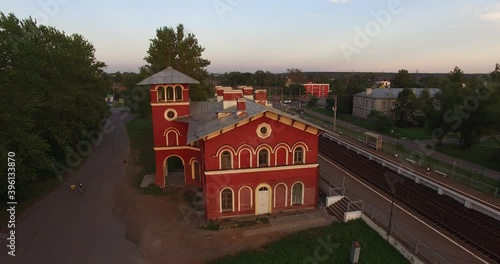 4K afternoon high quality aerial video view of old vintage but still used railway station designed by architect Benua, in the southern Saint Petersburg's suburb Strelna, Russia's northern capital photo
