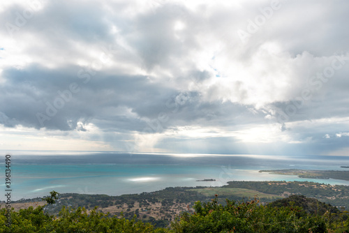 Beautiful landscape on the ocean in cloudy weather from the coast of the island