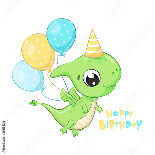 Cute dinosaur with balloons. Happy birthday clipart