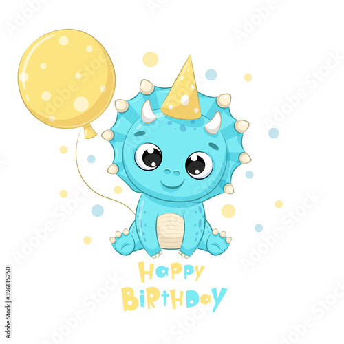 Cute dinosaur with balloon. Happy birthday clipart