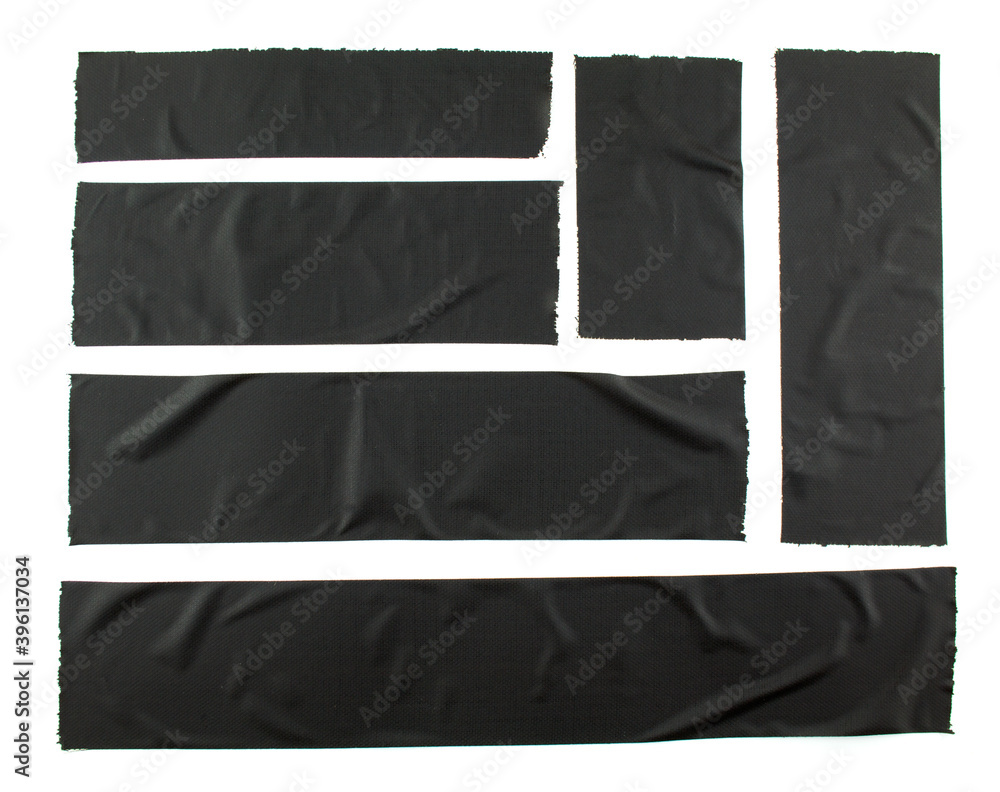 Naklejka premium Set of torn and crumpled pieces of black adhesive tape on white background. Creased different size black sticky tape.