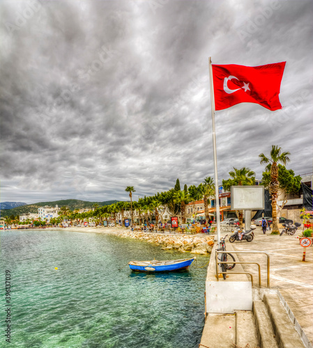 Fototapeta Naklejka Na Ścianę i Meble -  Beach and Bodrum Castle at background view in Bodrum Town. Bodrum is populer tourist destination in Turkey.
