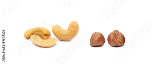 Group healty hazelnuts and cashew isolated on white background
