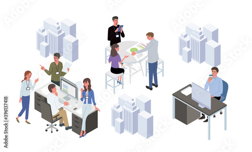 打ち合わせをする人々　ミーティングの風景　アイソメトリック　イラスト

