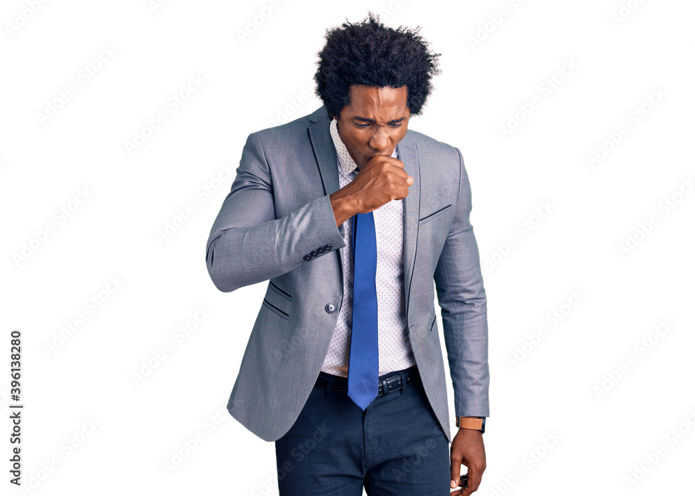 Handsome african american man with afro hair wearing business jacket feeling unwell and coughing as symptom for cold or bronchitis. health care concept. Handsome african american man with afro hair wearing business jacket feeling unwell and coughing as symptom for cold or bronchitis. health care concept.