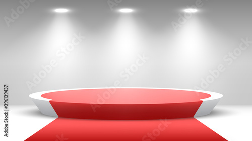 Round podium with red carpet. Pedestal with spotlights. Vector illustration.