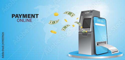 Using online money instead of cash. Fast and convenient mobile online transactions. Pay bills via mobile phone without using an ATM. Convenient and fast phone payment application. Vector illustration.