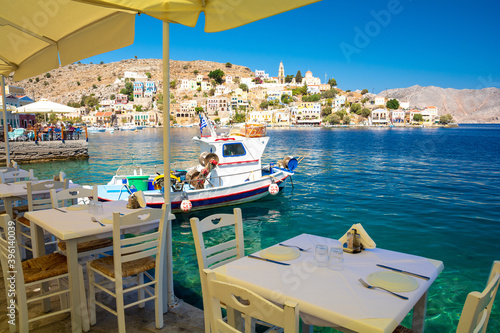 Konstfotografi typical greek tavern on Symi island in Greece