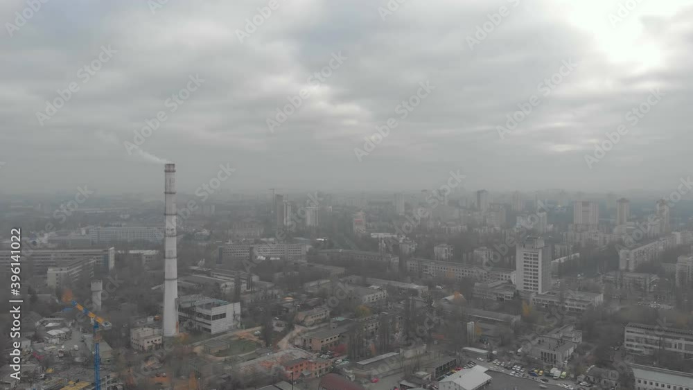 City pollution with smog industrial pipe cloudy fog aerial drone view push in forward camera movement City pollution with smog industrial pipe cloudy fog aerial drone view push in forward camera movement