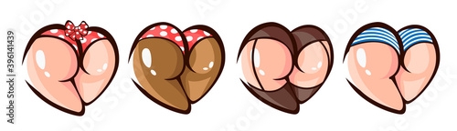 Sexy female ass in panties with a bow flat vector illustration. Sexy panties. Female buttocks icon. Sexy bikini. Close-up sexy naked woman booty ass in stockings lingerie.