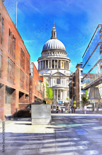 St. Paul's Cathedral colorful painting looks like picture, London, UK. photo