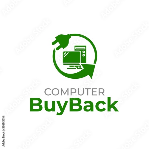 Computer buyback logo template. Electrical waste icon. Recycling old computer. E-Waste icon.