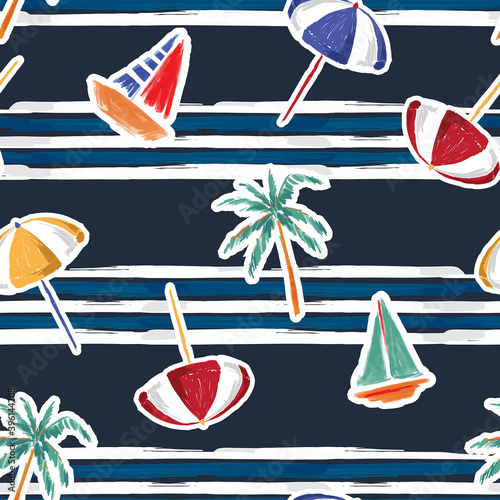 Trendy brushed paint summer beach elements umbrella, boat, palm trees on navy blue stripe painted texture background ,seamless pattern Design for fashion , fabric, textile, wallpaper, cover, web , 