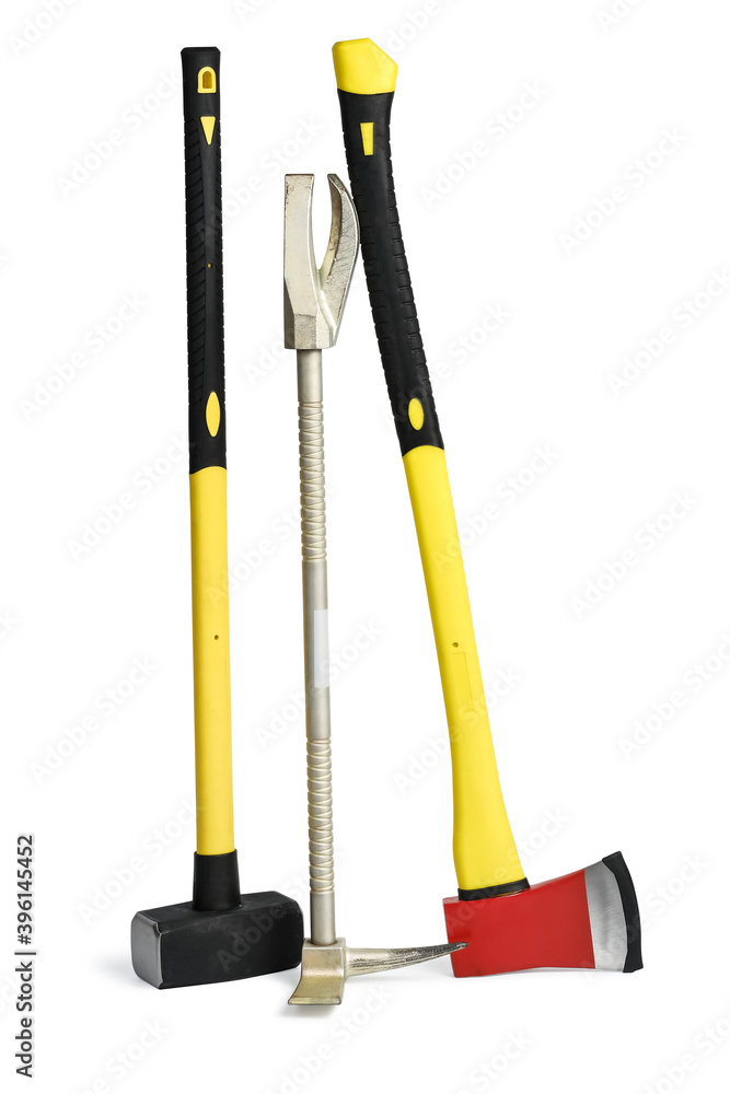 Large yellow sledgehammer, axe and hooligan forcible entry tool from