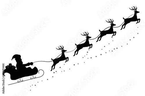 Santa Claus sleigh with reindeer flying to the sky silhouette, vector graphic