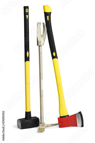 Large yellow sledgehammer, axe and hooligan forcible entry tool from fireman's toolbox isolated on white background with clipping path