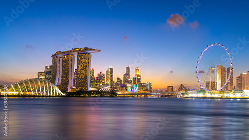 Panorama view of cityscape business downtown building area during twilight time at Singapore.