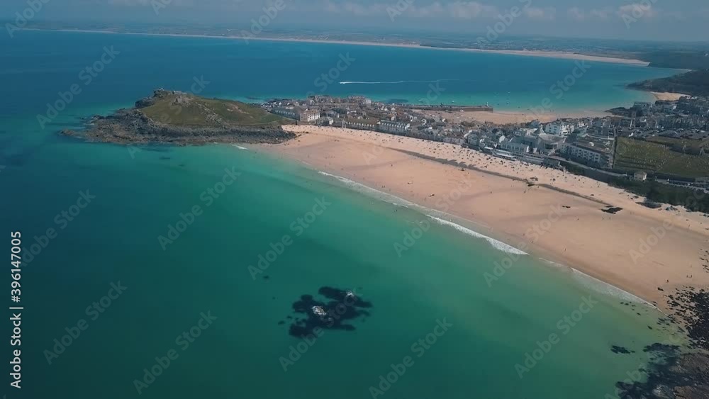 Popular Cornwall beaches in UK summertime, aerial view Popular Cornwall beaches in UK summertime, aerial view