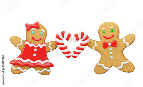Gingerbread man and woman. Happy couple of gingerbread girl and boy hold heart-shaped halves of christmas candy canes. 3D concept design element isolated on white