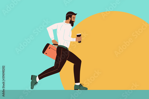 Male character running with a briefcase and a mug of coffee. A businessman is late for work, a meeting. Business deadline concept. Daily routine for men. Banner with a man rushing to work.
