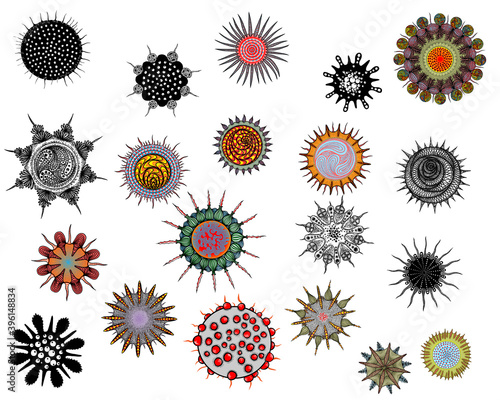 Coronavirus COVID-19 art drawing and most common and deadliest human viruses. Pathogen organism Hiv, Ebola, Influenza, Hepatitis etc. Cells and infectious agents or contagious germ bacteria. Vector.