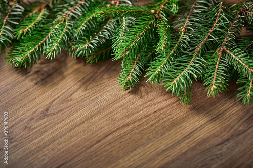 fir branches on the wooden background