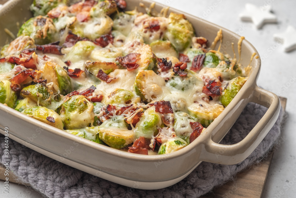 Baked brussel sprout casserole with a bacon and cheese