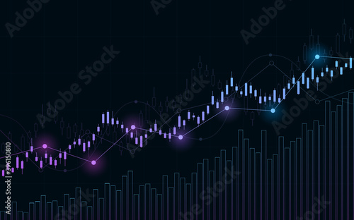 Financial chart with moving up stock market graph in neon light color background